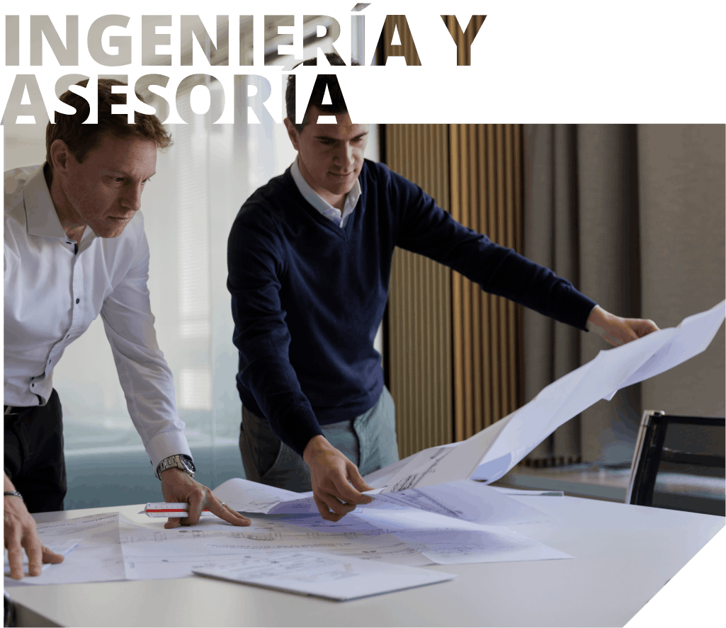 Ingeniería y asesoría: dos hombres revisando planos en una oficina.